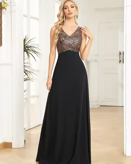 Robe de Soirée Mousseline Noire et Strass Dorés