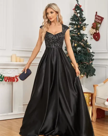 Robe de Soirée Longue Noire en Satin et Paillettes
