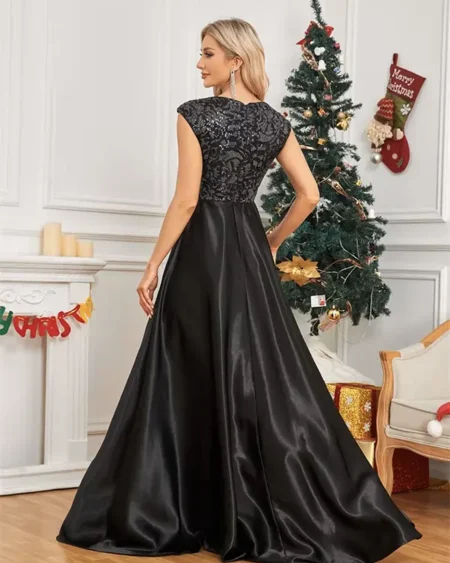 Robe de Soirée Longue Noire en Satin et Paillettes