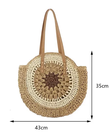 Sac Rond Paille Bohème Tissé avec Fermeture - Marron