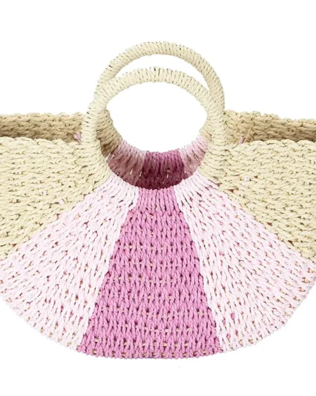 Sac à Main Paille Demi-Lune Rayé Rose