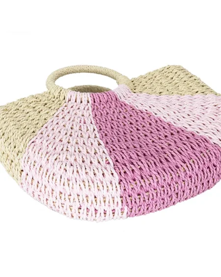 Sac à Main Paille Demi-Lune Rayé Rose