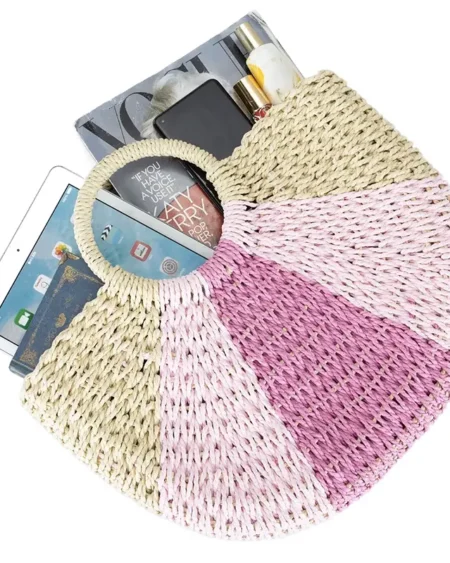 Sac à Main Paille Demi-Lune Rayé Rose