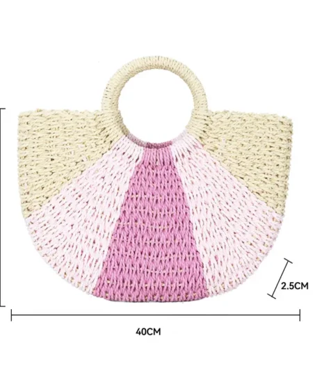 Sac à Main Paille Demi-Lune Rayé Rose