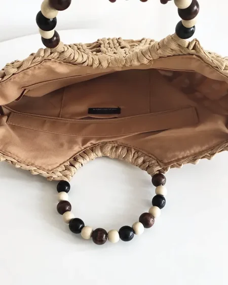 Sac à main Paille Demi-Lune et Poignée Perles en Bois