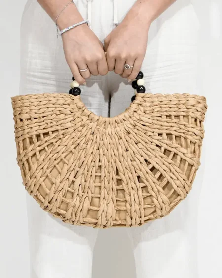 Sac à main Paille Demi-Lune et Poignée Perles en Bois