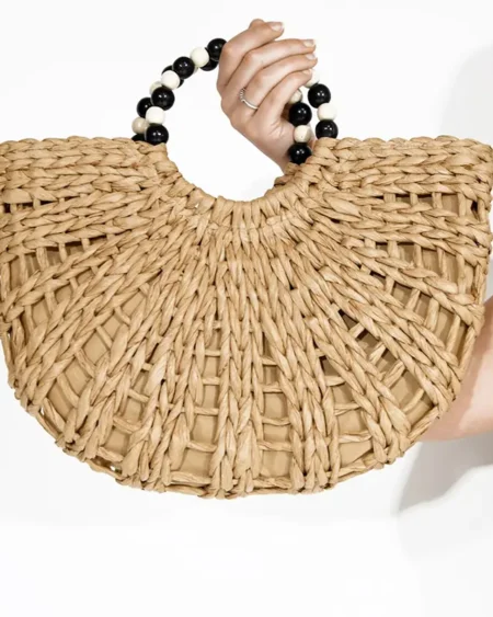 Sac à main Paille Demi-Lune et Poignée Perles en Bois