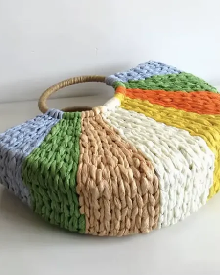 Sac Paille Demi-Lune Raphia Multicolore - Bleu