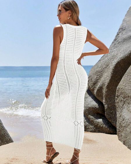 Robe de Plage Longue en Crochet Blanche à Col V Plongeant