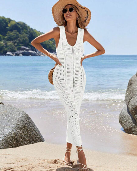 Robe de Plage Longue en Crochet Blanche à Col V Plongeant