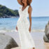 Robe de Plage Longue en Crochet Blanche à Col V Plongeant