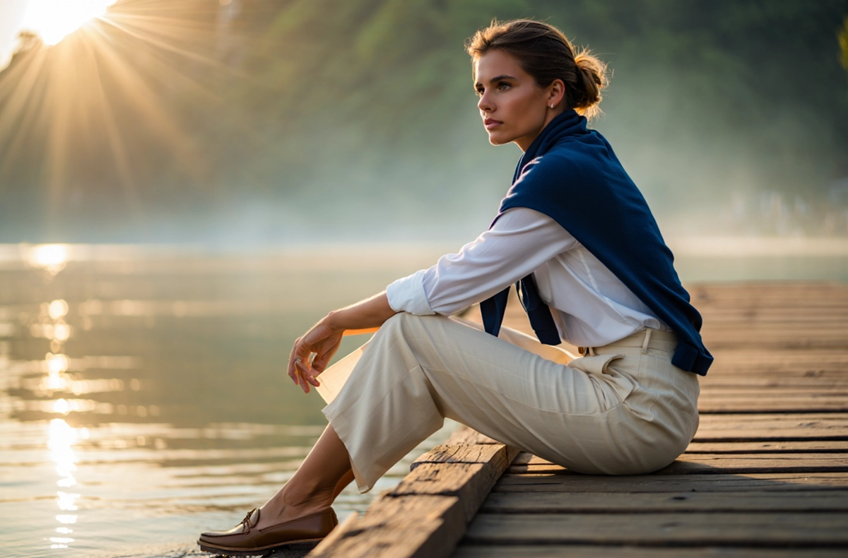 Femme élégante au style preppy chic, assise de profil sur un ponton en bois au coucher du soleil, avec un pull bleu marine noué sur ses épaules.