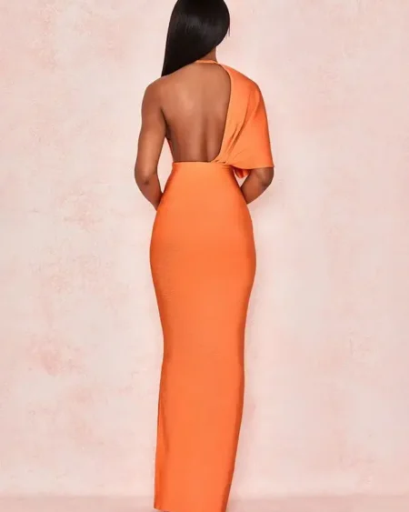 robe bandage cocktail Longue Orange Col V Manche drapée Asymétrique
