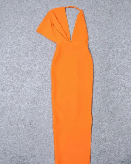 robe bandage cocktail Longue Orange Col V Manche drapée Asymétrique