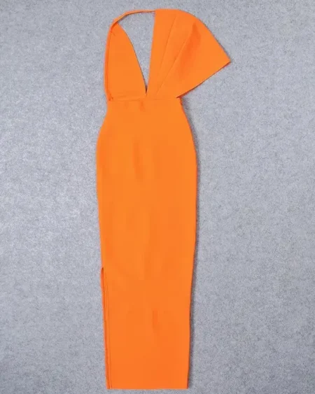 robe bandage cocktail Longue Orange Col V Manche drapée Asymétrique