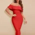 Robe Bandage Cocktail Midi Rouge Col Bardot Volants