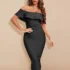 Robe Bandage Cocktail Midi Noir Col Bardot Volants