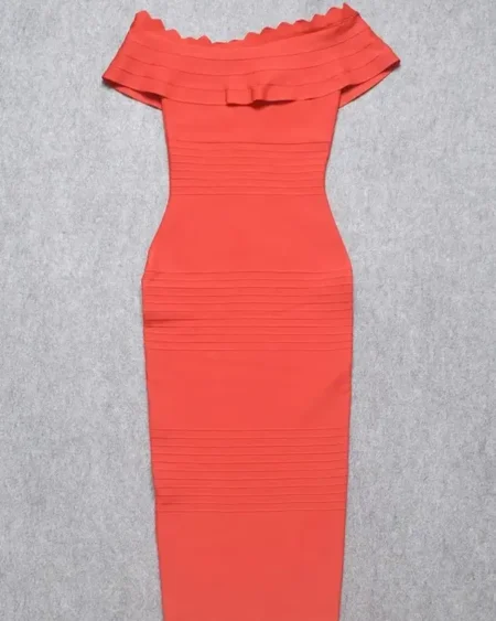 Robe Bandage Cocktail Midi Rouge Col Bardot Volants