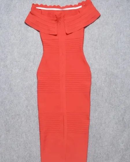 Robe Bandage Cocktail Midi Rouge Col Bardot Volants