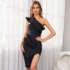 Robe Bandage Cocktail Midi Noire Asymétrique Bretelle Feuille fente