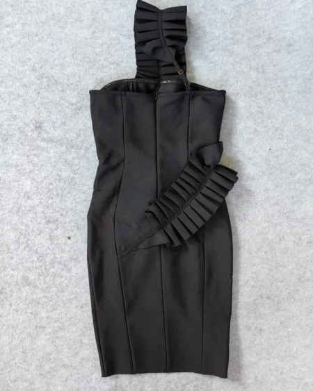 Robe Bandage Cocktail Midi Noire Asymétrique Bretelle Feuille fente