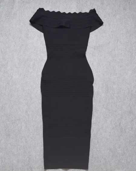 Robe Bandage Cocktail Midi Noir Col Bardot Volants