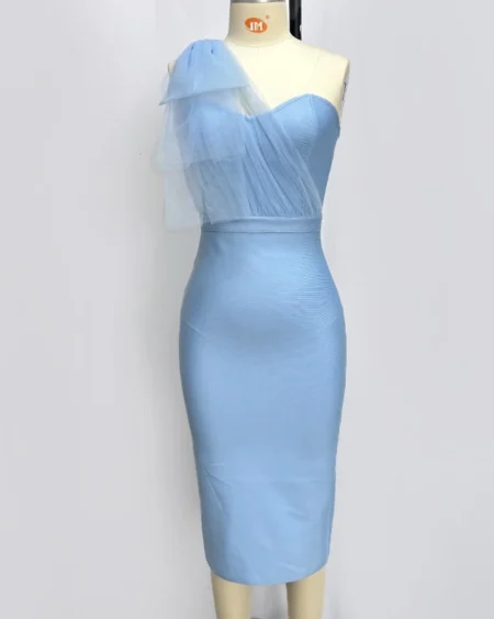 Robe Bandage Cocktail Extensible Midi Bleu Décollecté Asymétrique Tulle