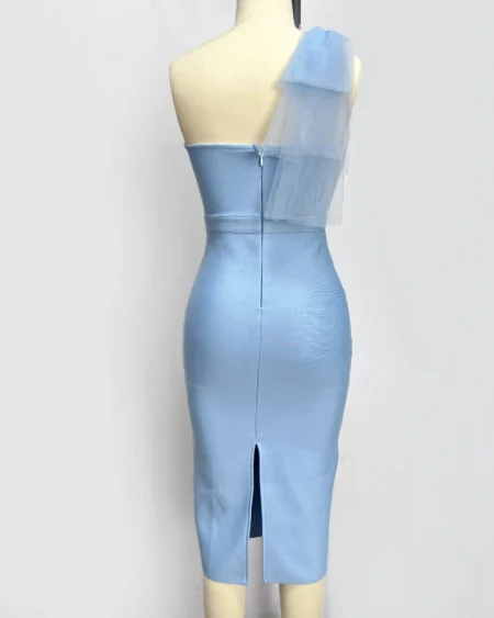 Robe Bandage Cocktail Extensible Midi Bleu Décollecté Asymétrique Tulle