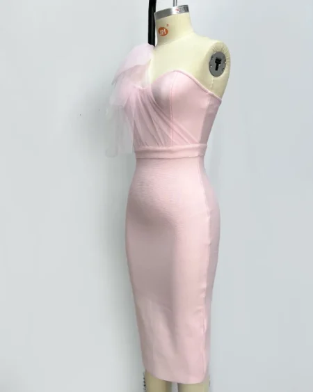 Robe Bandage Cocktail Extensible Midi Rose Décollecté Asymétrique Tulle