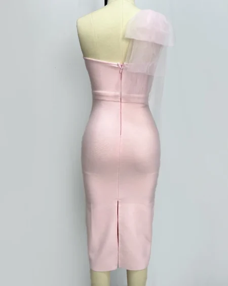 Robe Bandage Cocktail Extensible Midi Rose Décollecté Asymétrique Tulle