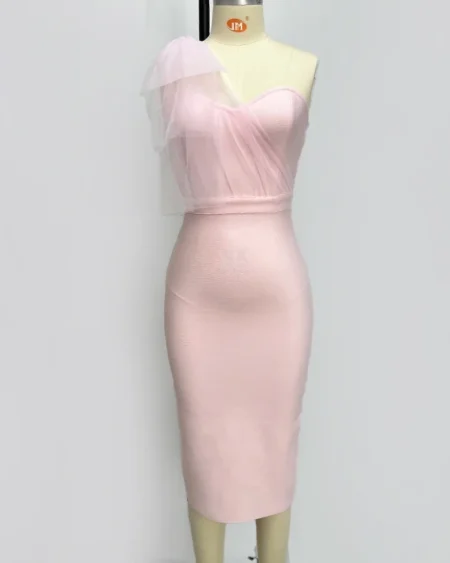 Robe Bandage Cocktail Extensible Midi Rose Décollecté Asymétrique Tulle