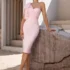 Robe Bandage Cocktail Extensible Midi Rose Décollecté Asymétrique Tulle