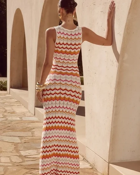 Robe Crochet Longue Dégradé Orange et Rouge Sans Manches