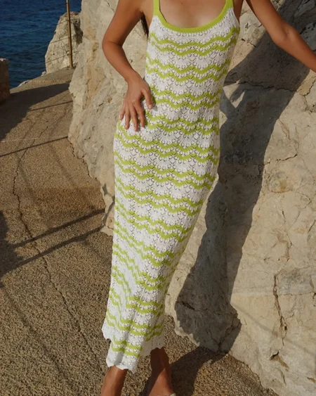 Robe Crochet Plage Boho Longue Rayée Vert et Blanc