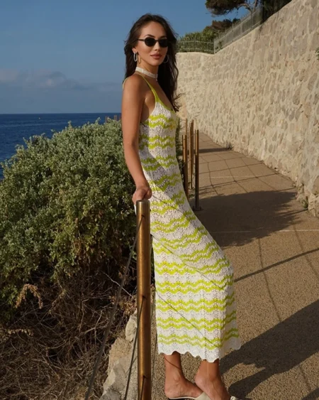 Robe Crochet Plage Boho Longue Rayée Vert et Blanc