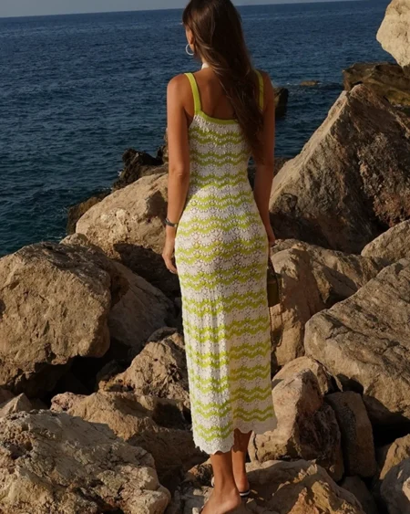 Robe Crochet Plage Boho Longue Rayée Vert et Blanc