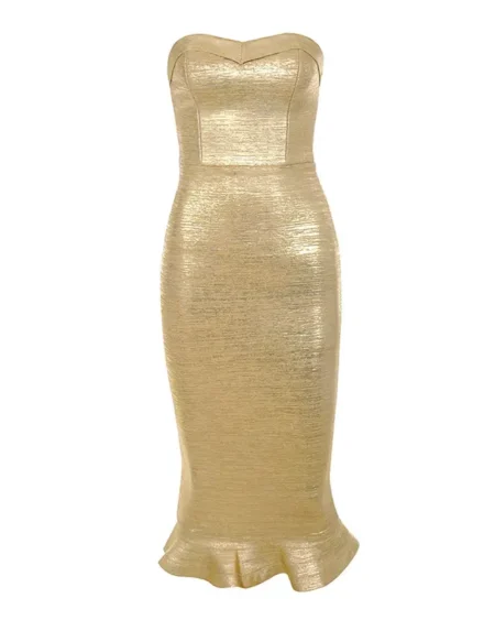 Robe Bandage Midi Or Métallisé, bustier avec ourlet volant