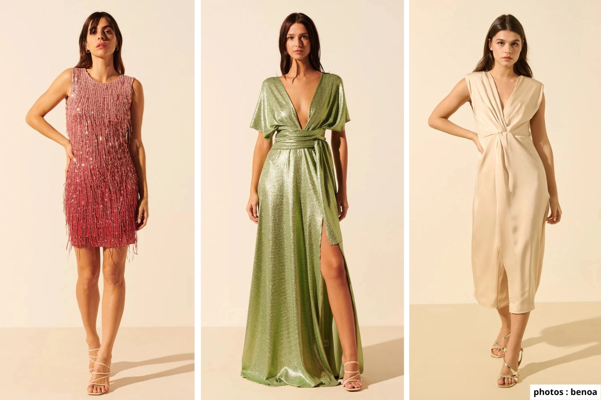 3 femmes habillées avec des robes de mariage invité d'été de chez benoa