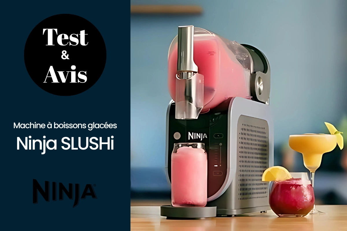 Image de l'article Test et Avis sur la machine à boissons glacées Ninja Slushi, montrant l'appareil et des cocktails glacés colorés et un slushi rose
