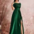 Robe de Soirée Longue Verte en Satin Bustier Sequin Fendue