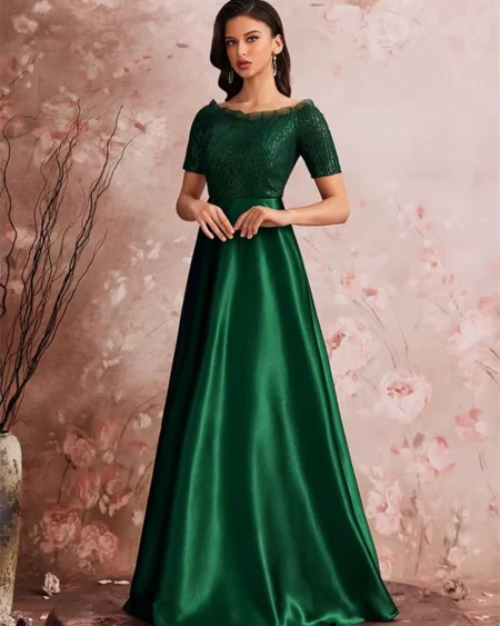 Robe de Soirée Longue Verte en Satin Bustier Sequin Fendue