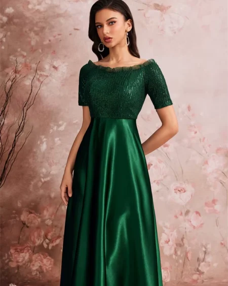 Robe de Soirée Longue Verte en Satin Bustier Sequin Fendue