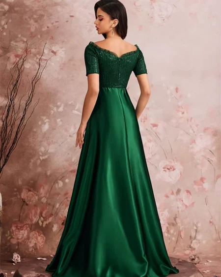 Robe de Soirée Longue Verte en Satin Bustier Sequin Fendue