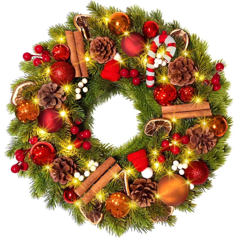 Couronne de Noël, GlobaLink 40cm8Modes Couronne Décoration de Noël avec Perles Lumineuses Super Brillantes iP44 Bricolage Couronne Noël Décoration de Porte de Noël- Piles(Fonction de Synchronisation)