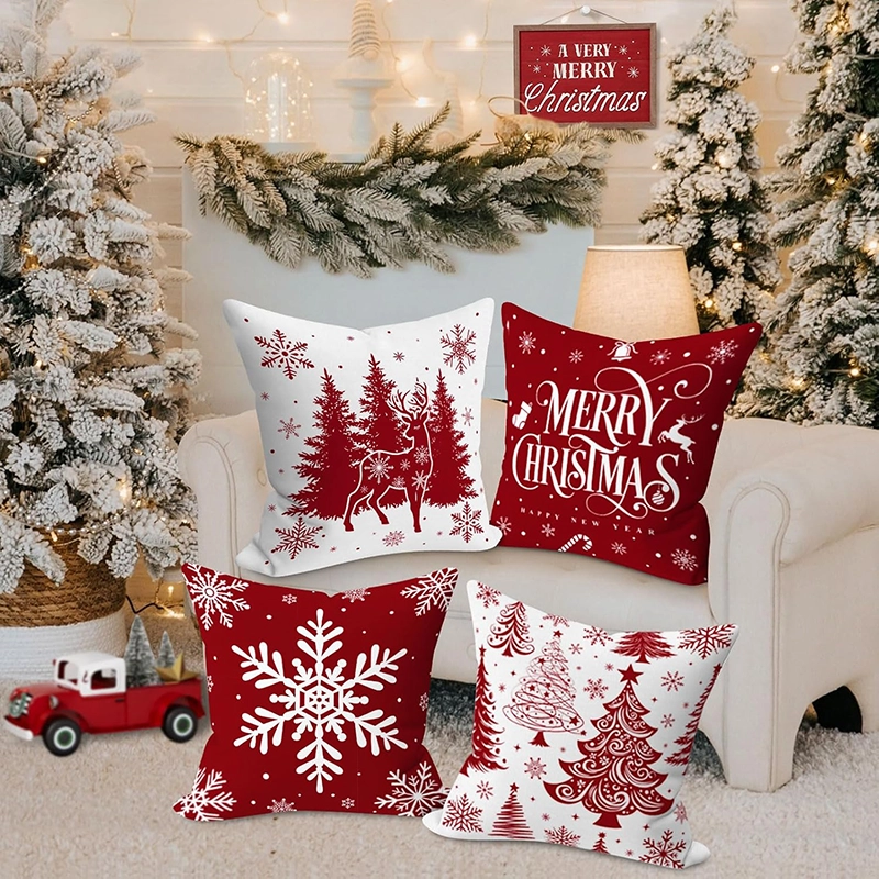 Lanpn Lot de 4 Housses de Coussin de Noël, Rouge Housse d'oreiller 40 x 40, Taie d'oreiller Décorative Arbre de Noël, Noel Deco en Hiver pour Salon Chambres Canapé, Décoration intérieure
