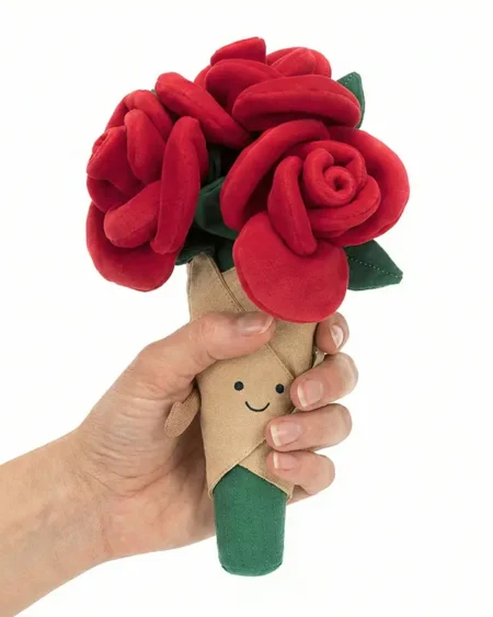 Peluche bouquet de roses rouges type Jellycat avec visage souriant et bras câlins
