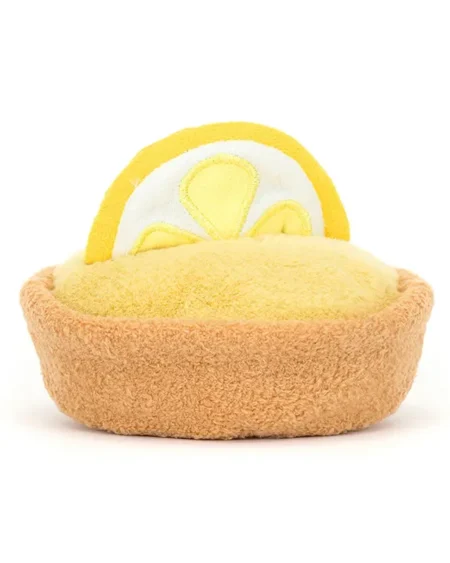 Peluche tartelette citron type Jellycat, mignonne, douce, assise, croûte beige et crème jaune.