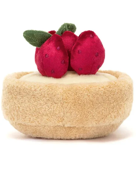 Peluche Tartelette aux Fraises Kawaii style Jellycat, visage souriant, jambes velours côtelé.