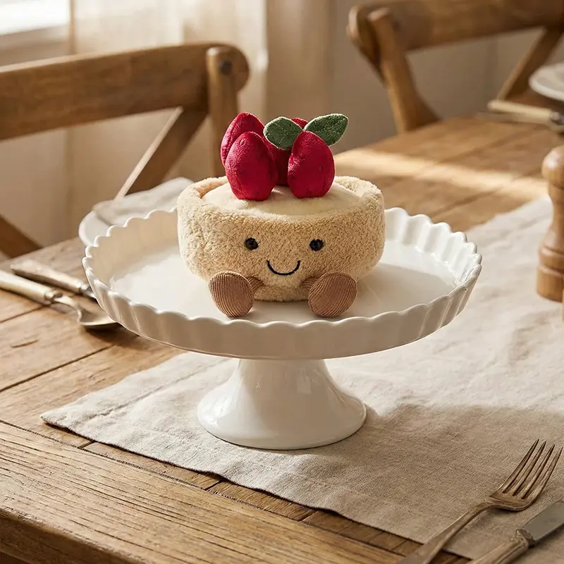 Peluche Tartelette aux Fraises Kawaii style Jellycat, visage souriant, jambes velours côtelé.