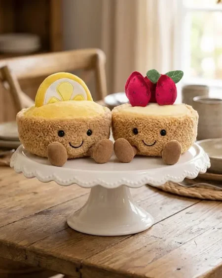 Peluche Tartelette aux Fraises et peluche tartelette citron Kawaii style Jellycat, visage souriant, jambes velours côtelé.